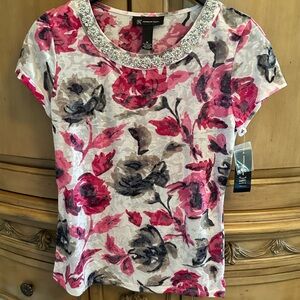 INC International Concepts Pink and Black Floral Short Sleeve Top